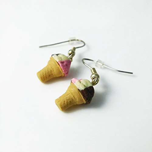 Chocolate Strawberry Vanilla Neapolitan Ice Cream Cone Earrings on Sterling Silver Hooks