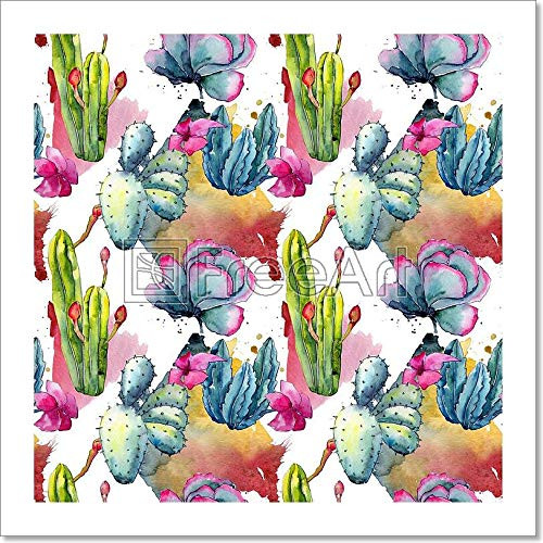 Exotic Wildflower Cactus Pattern In A Watercolor Style. Paper Print Wall Art (8in. x 8in.)