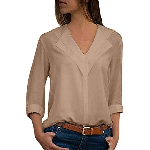 Meikosks Women's Chiffon Solid Tops Plus Size Long Sleeve T Shirt Ladies V Neck Blouses Tunic Khaki