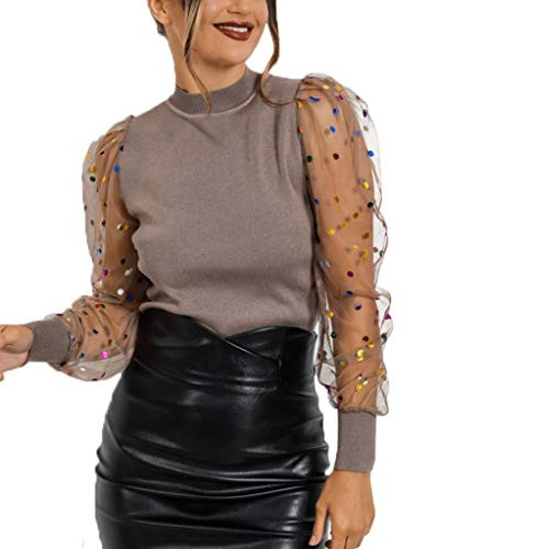 Women Sheer Mesh Puff Sleeve Knitted Blouse Polka Dots Mock Neck Slim Fit T Shirt Tops Party (Brown, XL)