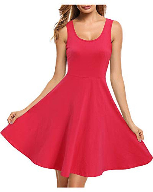 STYLEWORD Women's Sleeveless Casual Cotton Dresses Summer Fit and Flare Midi Dress(Red,XL)