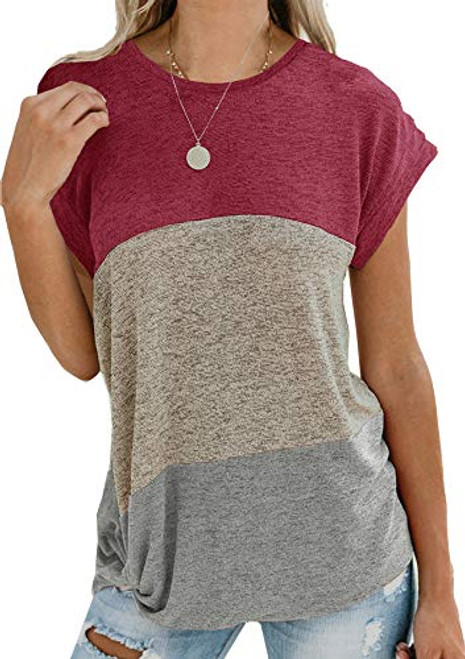 Twotwowin Women's Summer Tunic Tops Color Block Side Twist Knotted Short Sleeve Shirts Casual Blouse Twotwowin Women's Summer Tunic Tops Color Block Side Twist Knotted Short Sleeve Shirts Casual Blouse