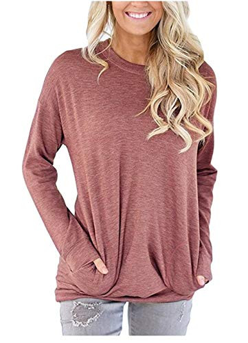 ONLYSHE Women Casual Long Sleeve Pocket T-Shirt Tunic Tops Solid Blouse Red M
