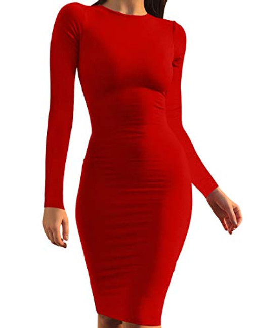 Mokoru Women's Casual Basic Pencil Dress Sexy Long Sleeve Bodycon Midi Club Dress, Medium, Red