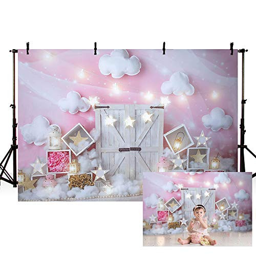 MEHOFOND Sweet Pink and White Cloud Photo Studio Backdrop Props Birthday Girl Baby Shower Party Decorations Twinkle Twinkle Little Stars White Door Portrait Photography Background Banner 7x5ft