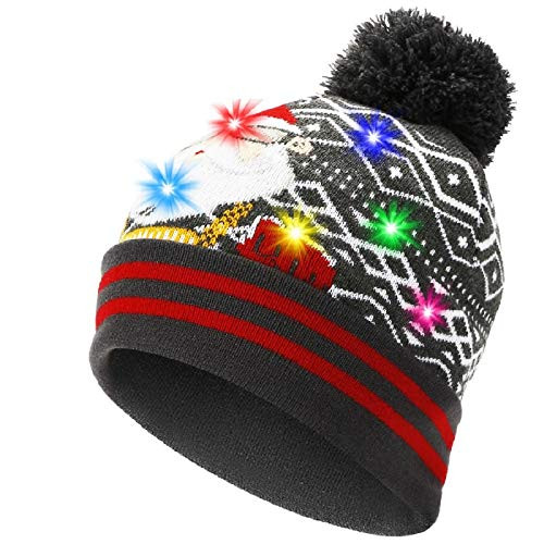 Eaterhom LED Light Up Beanie Hat Knit Cap 6 Colorful Light LED Christmas Xmas Beanie Hat with Longer Battery Life-Unisex Winter Sweater Ugly Led Beanie Birthday Holiday Party Beanie Hat with Led Light