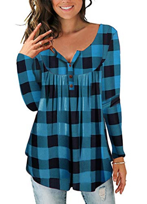 Ophestin Womens Long Sleeve Floral Tops Henley V Neck Loose Tunic Blouse Shirt Blue Check Size L Ophestin Womens Long Sleeve Floral Tops Henley V Neck Loose Tunic Blouse Shirt Blue Check Size L