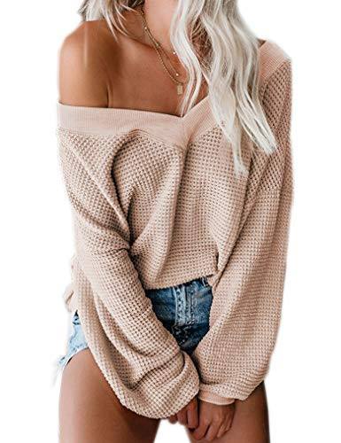 Women's Batwing Sleeve Off Shoulder Loose Oversized Waffle Tops Sweater Pullover Casual Blouse T-Shirt Cracker Khaki,XL