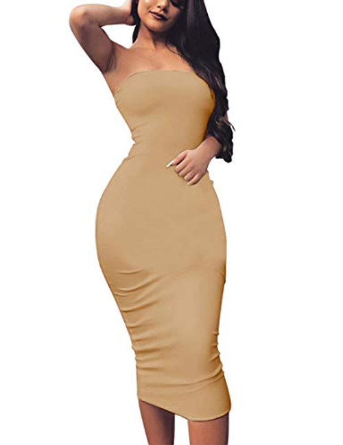 BORIFLORS Women's Basic Sleeveless Tube Top Sexy Strapless Bodycon Midi Club Dress,X-Large,Khaki