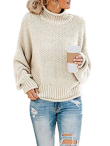 Womens Turtleneck Sweaters Baggy Chunky Batwing Long Sleeve Pullover Oversized Knitted Jumper Top Beige