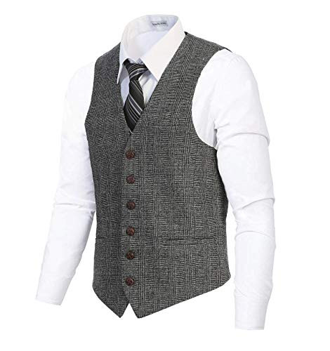 Gioberti Men's 6 Button Slim Fit Formal Herringbone Tweed Vest, Checkered Gray, Small