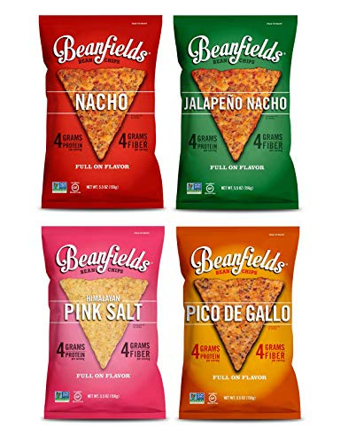 Beanfields Bean Chips, High Protein and Fiber, 4 Flavor Variety Pack: Nacho, Jalapeno Nacho, Himalayan Pink Salt, Pico de Gallo, 5.5 Ounce (Pack of 4)