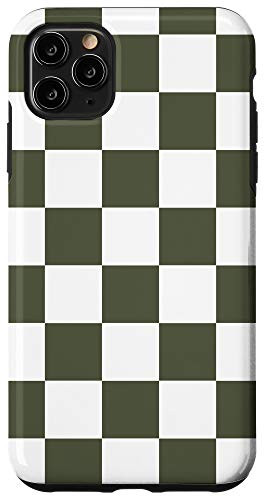 iPhone 11 Pro Max Dark Olive Green Checkered Board White Pattern Case