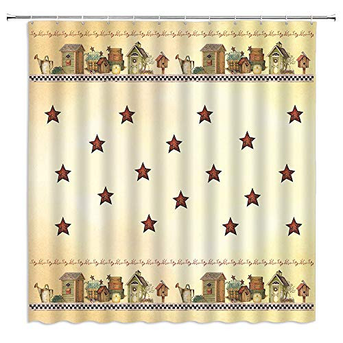 BOYIAN Rustic Country Star Shower Curtain Outhouse Primitive Farmhouse Old Cabin Watering Can Plant Vintage Farm Olive Fabric Bath Curtains Bathroom Polyester with Plastic Hooks 71x71Inch