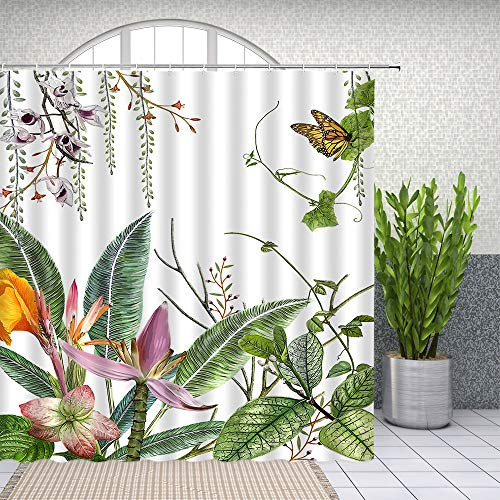 Yadshoti Floral Plants Shower Curtains Spring Green Leaf Flower Plant Vine Butterfly Bathroom Decor Polyester Fabric Bath Bathtub Hanging Curtain Set 70 x 70 Inch with Hooks