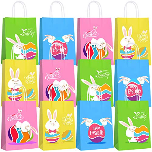 Elcoho 24 Pack Easter Basket Bags Bunny Tote Bag Colorful Easter Egg Hunt Bag with Handles for Egg Hunts, Party, Birthday, Candy and Gifts