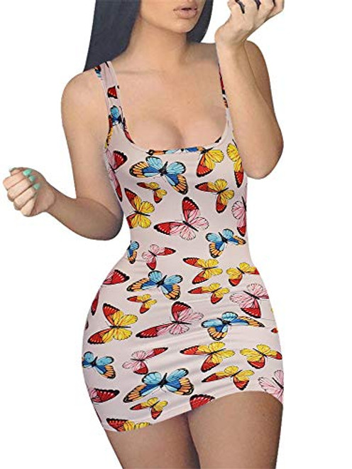 GOBLES Women's Casual Summer Sleeveless Mini Sexy Bodycon Tank Club Dress Butterfly GOBLES Women's Casual Summer Sleeveless Mini Sexy Bodycon Tank Club Dress Butterfly
