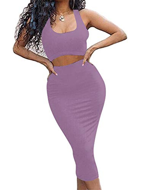 GOBLES Women's Sexy Summer Outfits Bodycon Tank Top Midi Skirt 2 Piece Dress Lavender