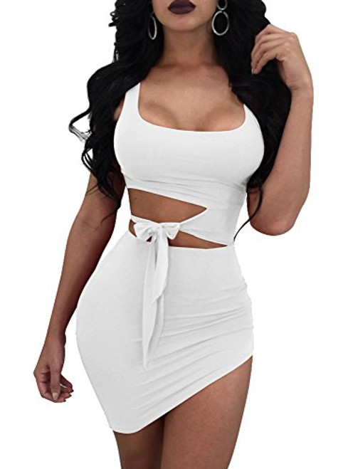 GOBLES Womens Sexy Bodycon Cut Out Sleeveless Outfit Mini Club Tank Dress White GOBLES Womens Sexy Bodycon Cut Out Sleeveless Outfit Mini Club Tank Dress White