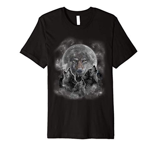 Gray Wolf Howl in Full Moon and Stars, Misty Forest T-Shirt