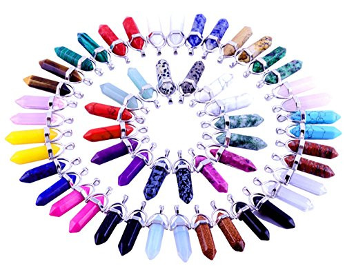 24pcs crystal stone Healing Pointed Chakra Pendants Hexagonal Gemstones Quartz Bullet Shape DIY Charm Beads Random Assorted Color for Necklace Beading Supplies Art Jewelry Making Women Girls Gift