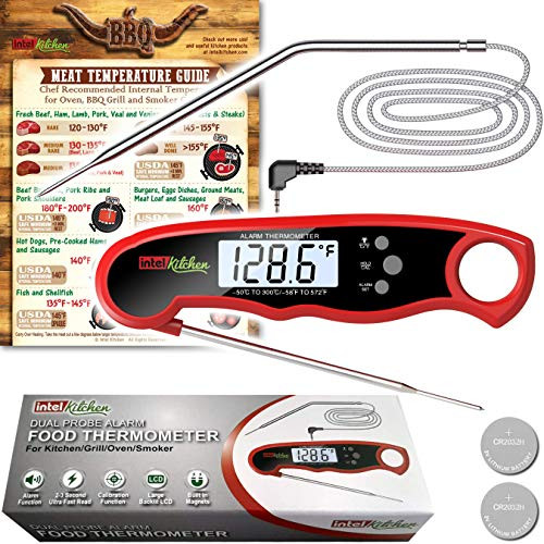 Intel Kitchen Accurate Instant Read Food Thermometer Dual Probe Alarm Digital Versatile Pre-Calibrated Kitchen Oven BBQ Grill Smoker Backlight LCD Calibration Free Cool Meat Temperature Guide  Red