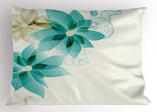 Ambesonne Teal Pillow Sham, Vintage Inspired Floral Design with Abstract Vibrant Colored Natural Elements, Decorative Standard King Size Printed Pillowcase, 36 inch X 20 inch, Turquoise Beige