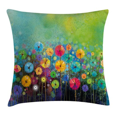 Ambesonne Flower Throw Pillow Cushion Cover, Dandelions Featured in Garden with Brushstrokes Watercolored Abstract Landscape Art, Decorative Square Accent Pillow Case, 16 inch X 16 inch, Green Yellow