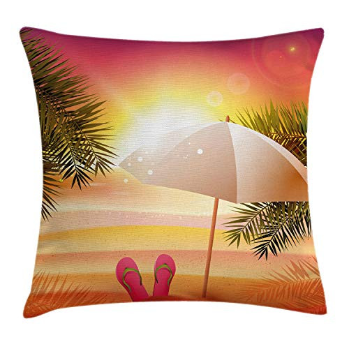 Ambesonne Orange Throw Pillow Cushion Cover, Sunset at The Beach with Flip Flops Umbrella and Palm Trees Illustration, Decorative Square Accent Pillow Case, 18 inch X 18 inch, Yellow Orange