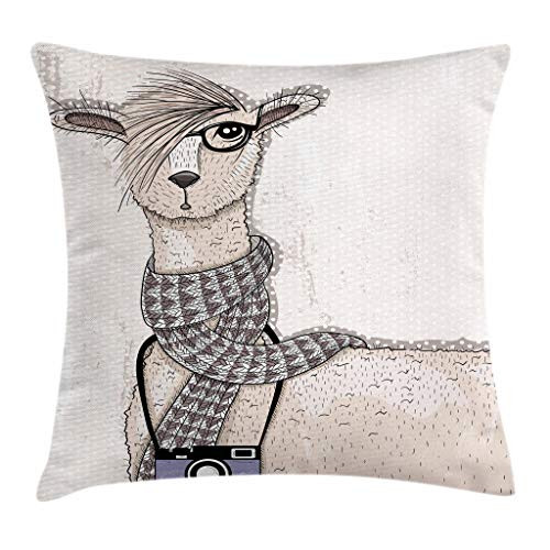Ambesonne Animal Throw Pillow Cushion Cover, Llama with Camera Scarf and Glasses Hipster Animal on a Dotted Beige Background, Decorative Square Accent Pillow Case, 16 inch X 16 inch, Ivory Charcoal