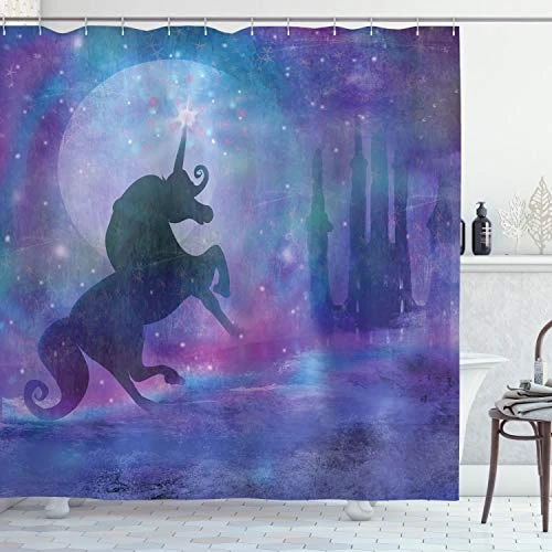 Ambesonne Fantasy Shower Curtain, Unicorn Silhouette Myth Creature with Stars Dream Art Print, Cloth Fabric Bathroom Decor Set with Hooks, 75 inch Long, Violet Purple