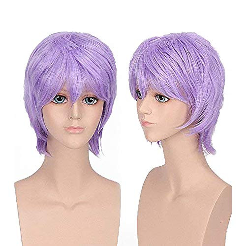 COOLSKY Unisex Short Fluffy Straight Hair Wig Anime Halloween Cosplay Costume Wigs for Women Men (Light Purple)