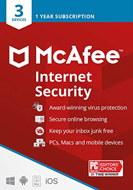 McAfee Internet Security 2021, 3 Device, Antivirus Software, 3 Device Password Protection, 1 Year - Key Card