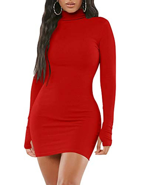 Mizoci Women's Sexy Bodycon Mini Club Dresses Basic Long Sleeve Turtleneck Dress,Large,Red Mizoci Women's Sexy Bodycon Mini Club Dresses Basic Long Sleeve Turtleneck Dress,Large,Red
