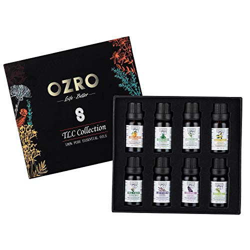OZRO Aromatherapy Essential Oils set - 100percent Pure Natural Undiluted Essential oil - Lavender, Tea Tree, Sweet Orange, Lemongrass, Clove, Peppermint, Rosemary and Ylang Ylang - TLC 8 x 10ml/ 0.33Fl.Oz