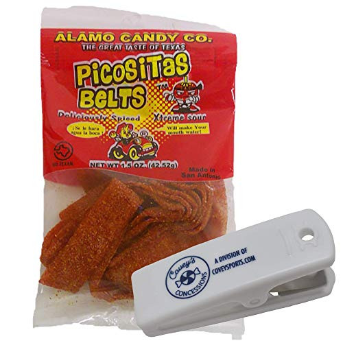 Alamo Candy Picositas Sour Belts Candy with Chili - (6-Pack, 1.5 oz Bags) - Extreme Sour Mexican Candy Bundled with Coveys Concessions Clip