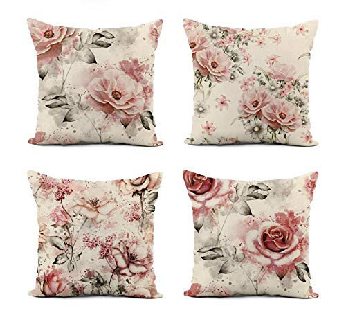 Awowee Set of 4 Linen Throw Pillow Cover Pink Flowers and Leaves on Watercolor Floral Pattern Rose 18x18 Inches Home Decor Square Flax Pillowcase Cushion Cover for Couch Sofa Awowee Set of 4 Linen Throw Pillow Cover Pink Flowers and Leaves on Watercolor Floral Pattern Rose 18x18 Inches Home Decor Square Flax Pillowcase Cushion Cover for Couch Sofa