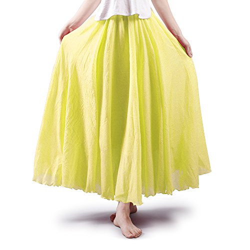 Aeslech Women's Bohemian Style Elastic Waist Band Cotton Linen Floor Length Maxi Skirt Light Yellow 85cm