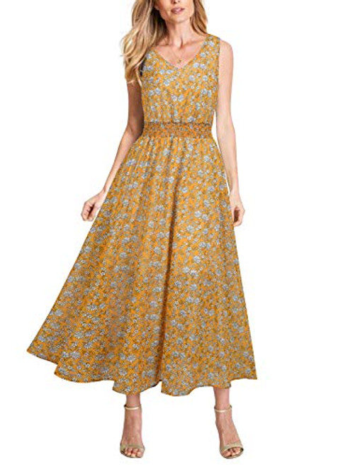 REPHYLLIS Women's Summer Chiffon V Neck Vintage Print Floral Maxi Beach Long Dress Yellow Floral L