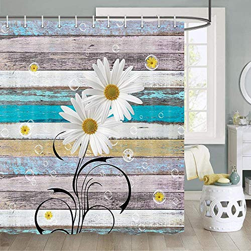 Daisy Shower Curtain, Daisy Flower on Rustic Wooden Spring Flower Nature Botanical Rustic Shower Curtain Sets, Farmhouse Shower Curtain Bathroom Decor, Fabric Shower Curtain Hooks Include, 70 in