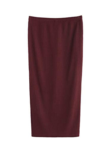 SheIn Women's Basic Plain Stretchy Ribbed Knit Split Full Length Skirt Burgundy X-Large
