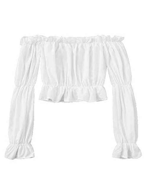 MakeMeChic Women's Ruffle Trim Off Shoulder Long Sleeve Bardot Blouse Crop Top White M