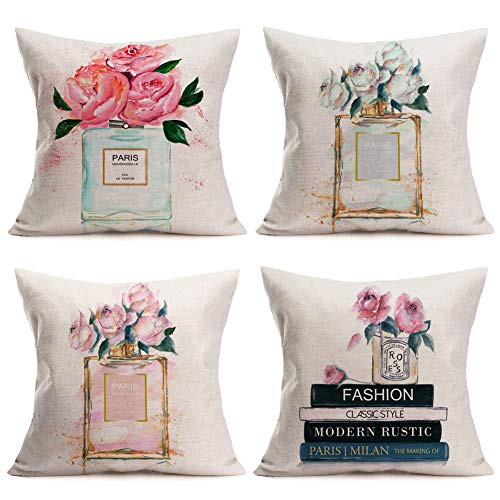 Smilyard Perfume Flower Decorative Pillow Covers Set of 4 Retro Paris Rose Perfume Throw Pillow Case Cushion Cover Cotton Linen Modern Rustic Paris Pillowcase 18x18 Inch for Couch (Perfume Set)