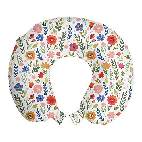 Ambesonne Watercolor Travel Pillow Neck Rest, Floral Patterned Illustration Leaves and Wildflowers Abstract Botanical, Memory Foam Traveling Accessory for Airplane and Car, 12 inch, Violet Blue