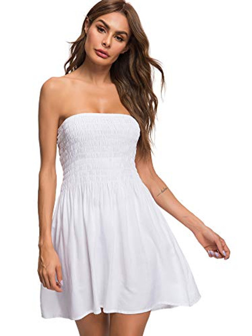 just quella Women's Summer Cover Up Strapless Dresses Solid Tube Top Beach Mini Dress (XS, White)