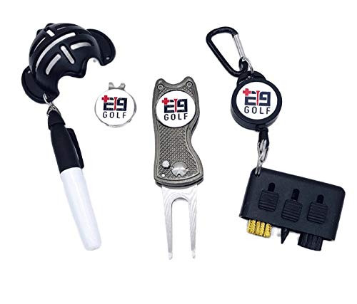E9Golf Essentials Golf Accessories Package - Golf Divot Repair Tool and Ball Mark - Retractable Club Cleaning Brush - Golf Ball Alignment Marking Tool - Golf Hat Clip and Ball Marker (Gunmetal Grey) E9Golf Essentials Golf Accessories Package - Golf Divot Repair Tool and Ball Mark - Retractable Club Cleaning Brush - Golf Ball Alignment Marking Tool - Golf Hat Clip and Ball Marker (Gunmetal Grey)
