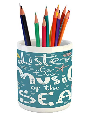 Ambesonne Nautical Pencil Pen Holder, Marine Theme with Aquatic Elements and Quotes Listen to The Music on The Sea, Ceramic Pencil Holder for Desk Office Accessory, 3.6 inch X 3.2 inch, Multicolor