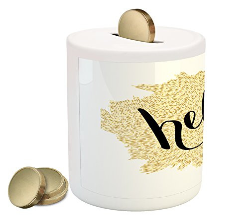 Ambesonne Hello Piggy Bank, Brush Pen Lettering Hello in Black with Mosaic Style Modern Design Background, Printed Ceramic Coin Bank Money Box for Cash Saving, Black White Yellow Ambesonne Hello Piggy Bank, Brush Pen Lettering Hello in Black with Mosaic Style Modern Design Background, Printed Ceramic Coin Bank Money Box for Cash Saving, Black White Yellow