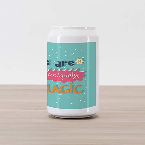 Ambesonne Book Cola Can Shape Piggy Bank, Books are a Uniquely Portable Magic Inspirational Writing Print in Pastel Colors, Ceramic Cola Shaped Coin Box Money Bank for Cash Saving, Multicolor