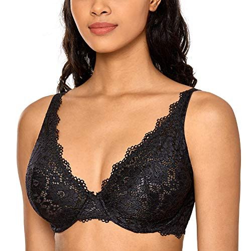 DOBREVA Women's Lace Bra Plus Size Unlined Minimizer Underwire Bralette Full Coverage Black 38E